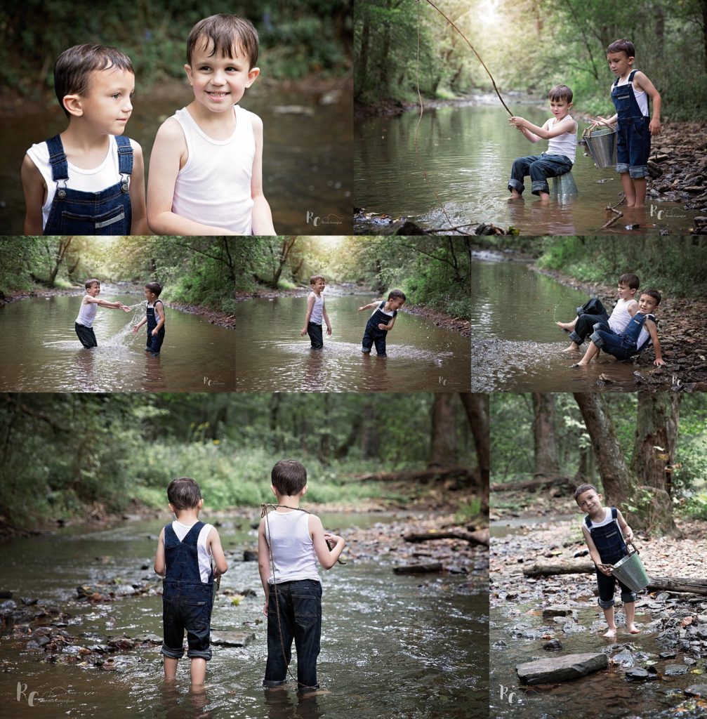 portrait of two boys playing in a creek captured by Rhonda Cunningham Photography, a Nicholasville, Ky Family Photographer.