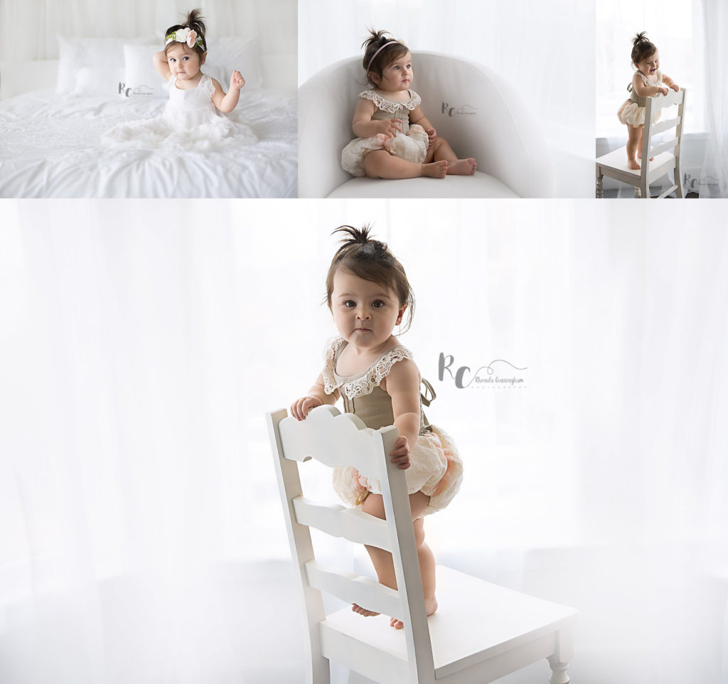 collage of baby girl in white at one year portrait session by lexington, ky photographer, Rhonda Cunningham Photography