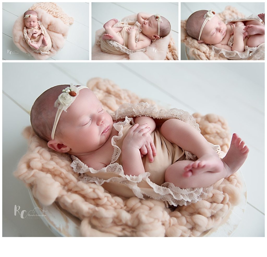 collage of baby girl in bowl by nicholasville ky newborn photographer.