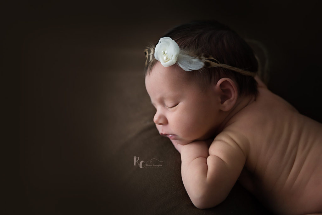 Newborn portrait of baby girl posed on a deep brown backdrop by Rhonda Cunningham Photography, Lexington Ky newborn photographer