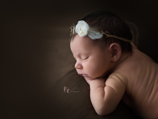 Newborn portrait of baby girl posed on a deep brown backdrop by Rhonda Cunningham Photography, Lexington Ky newborn photographer